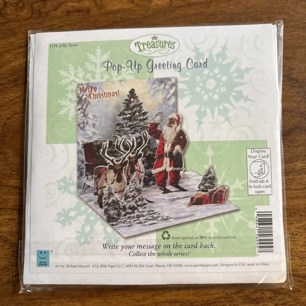 2 Treasures Pop Up Christmas Greeting Cards Jolly‎ Santa Claus Elegant Sleigh